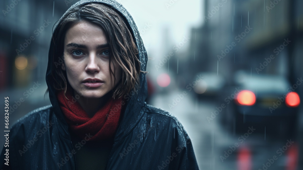 Young woman, possibly of Asian descent, on rainy city street corner, wearing black jacket and red scarf, somber and contemplative expression