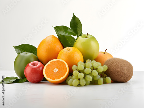 A variety of fresh fruits is set against a white background. Perfect for showcasing healthy eating and organic choices.