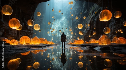 In the depths of a cave at night  a lone figure is bathed in the ethereal glow of shimmering orbs hanging from the ceiling  creating a surreal and otherworldly scene