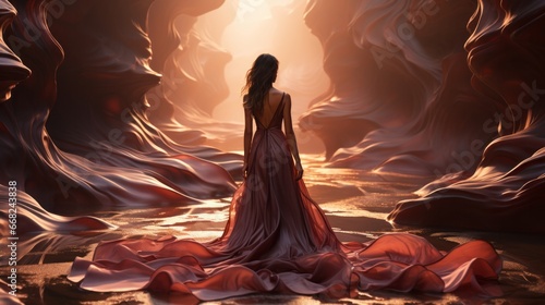 Amidst the raw beauty of nature, a woman's flowing dress stands out in stark contrast against the rugged canyon walls, a breathtaking piece of living art photo