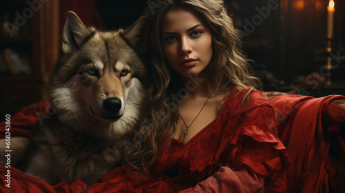 A fierce woman in a red dress embraces her wild side as she shares a tender moment with her loyal wolf companion, their fur blending seamlessly as they bask in the warmth of an indoor fire photo