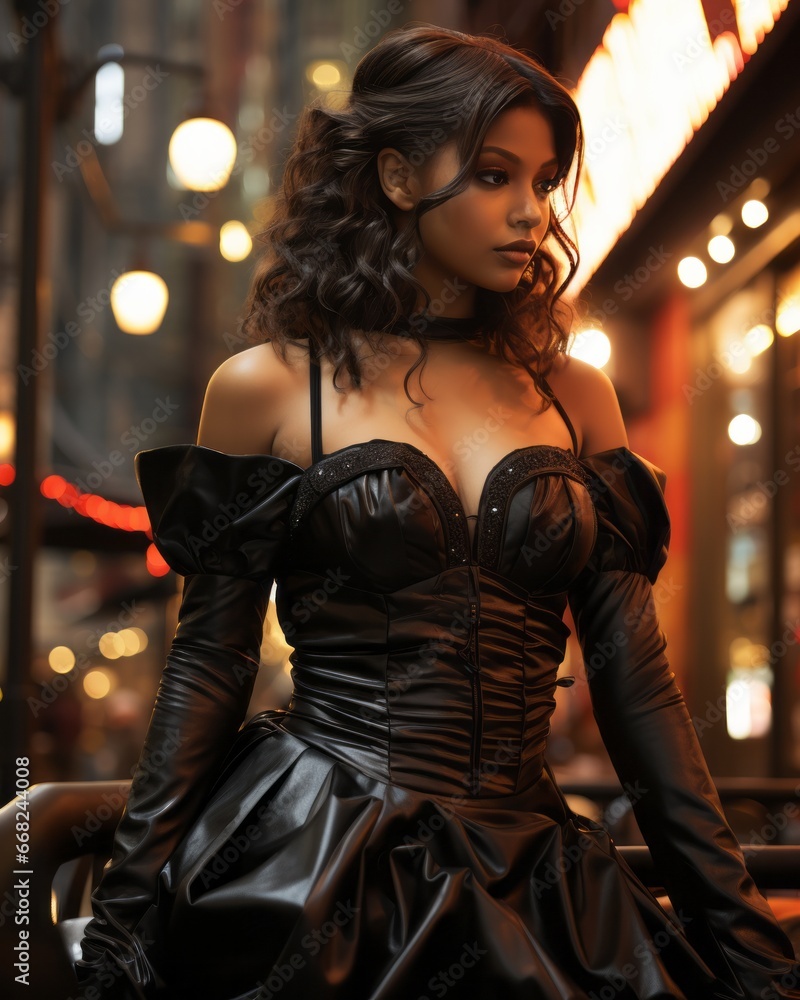 A gothic lady in a black latex dress, adorned with a corset, exudes fierce fashion as she poses indoors like a model, embodying strength and sensuality