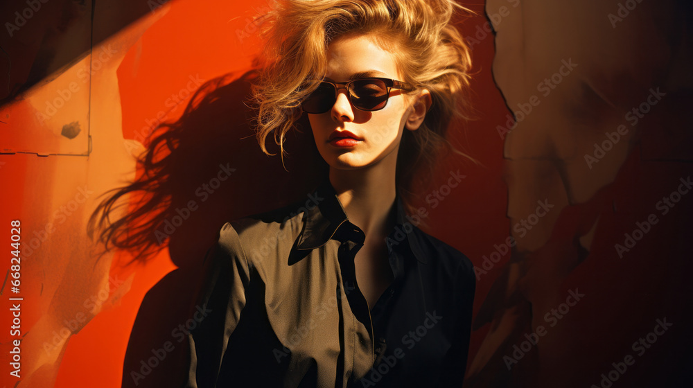 A fierce and fashionable woman sporting sunglasses and goggles, her wind-blown hair a canvas for the cool breeze, exuding confidence and style in her portrait adorned with sun-kissed spectacles