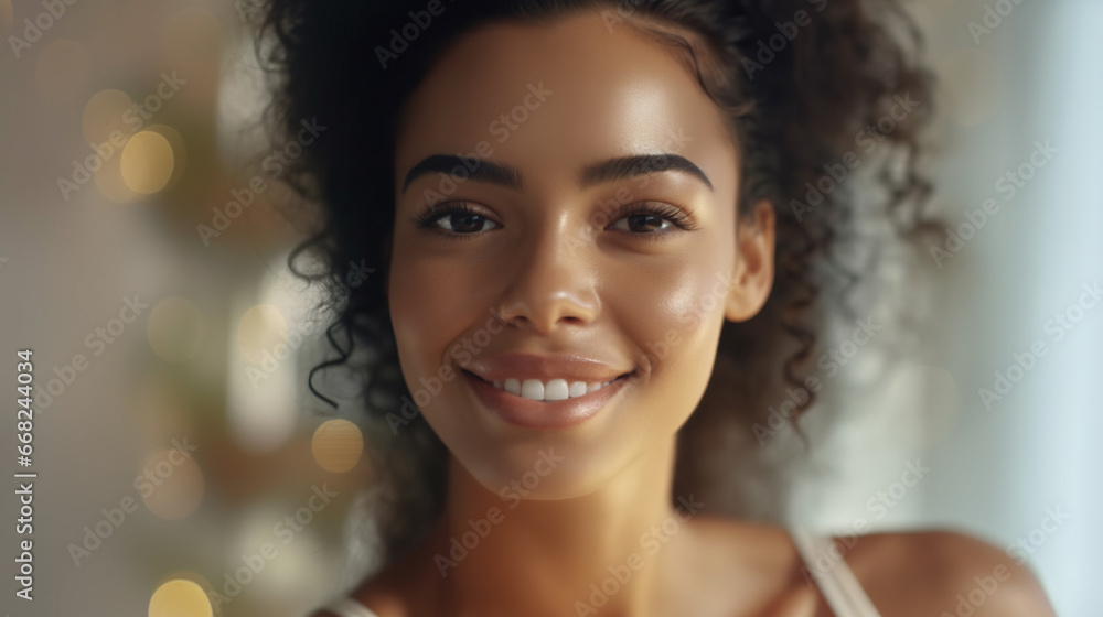 Young smiling African American woman in white tank top, joyful atmosphere with Christmas lights Young smiling African American woman in white tank top, joyful atmosphere with Christmas lights