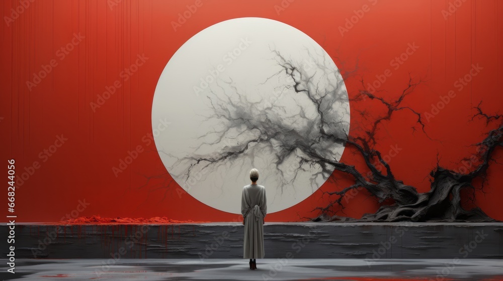 A lone figure stands amidst the natural beauty of a tree-filled landscape, their gaze fixed upon the striking contrast of a large white circle against a bold red and white circle