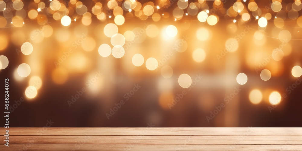 Empty wooden table top with abstract warm living room decor with christmas tree string light blur background with snow. generative ai