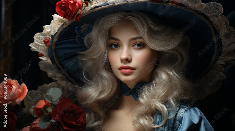 A delicate doll in a vibrant blue dress adorned with red roses and a whimsical headpiece gazes out from an indoor setting, exuding femininity and grace A delicate doll in a vibrant blue dress adorned with red roses and a whimsical headpiece gazes out from an indoor setting, exuding femininity and grace