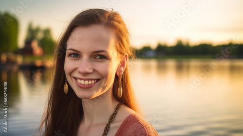 Young woman by water, smiling with warm and inviting expression, wearing red shirt, sunny day, serene and picturesque environment, basking in nature, radiating happiness and tranquility. © wetzkaz