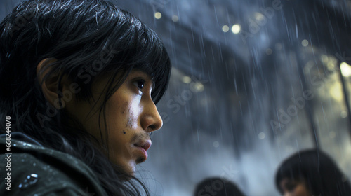 Young Asian man with long black hair in rainy urban alley, contemplative and introspective, moody atmosphere, few passersby in background, melancholic vibe