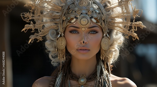 A regal woman adorned in a golden headdress and jewelry stands confidently outdoors, embodying the essence of grace and femininity