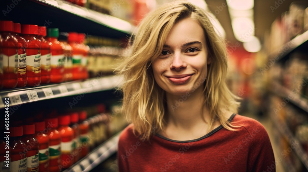 Young woman shops for groceries with a bright smile in a well-stocked store