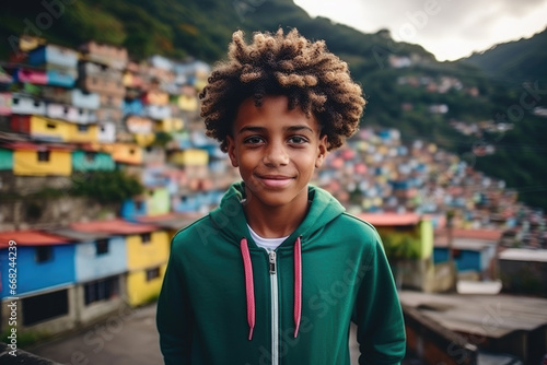 Smiling African American boy against the backdrop of mountains and favelas. photo