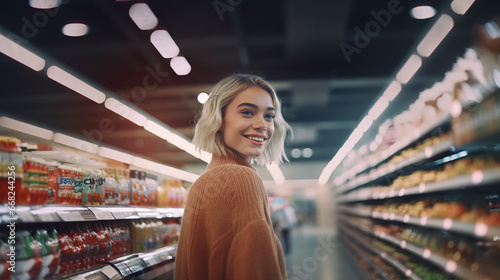 Young woman shops for groceries with a bright smile in a well-stocked store photo