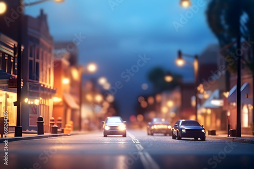 American toy town street view at summer night. Neural network generated image. Not based on any actual scene. © lucky pics