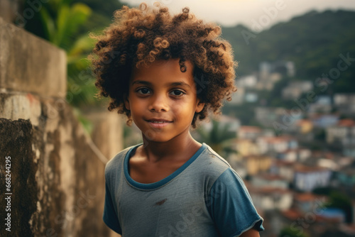 African American boy against the backdrop of mountains and favelas.