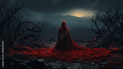 A solitary figure in a red robe stands amidst the misty sky, their silhouette blending into the fog as the moon rises above the tree-lined landscape at sunset, embracing the untamed beauty of nature