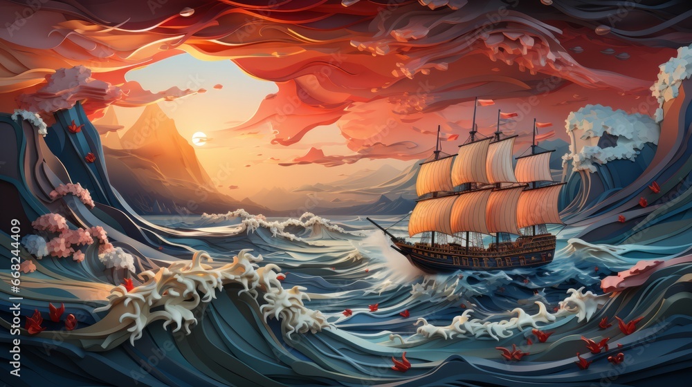 Fototapeta premium An ethereal painting captures the tumultuous journey of a majestic ship, its intricate details and bold strokes bringing the transport to life on the vast and ever-changing canvas of the ocean