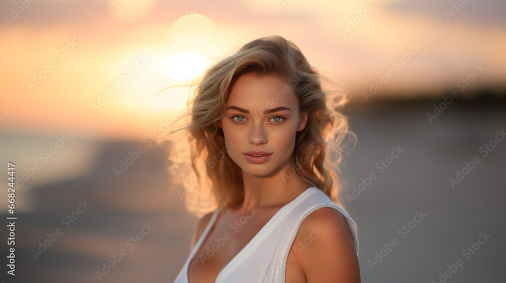 Serene close-up of young blonde woman with blue eyes gazing into the distance, basking in sunlight Serene close-up of young blonde woman with blue eyes gazing into the distance, basking in sunlight