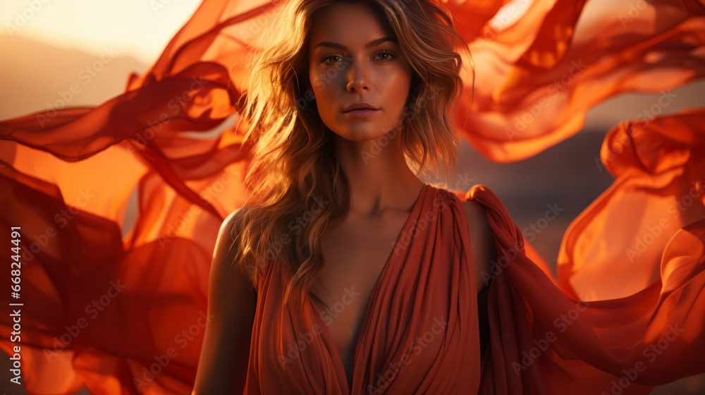 A stunning woman in a bold red dress captivates with her fierce gaze and timeless fashion, creating a striking portrait that is a true work of art