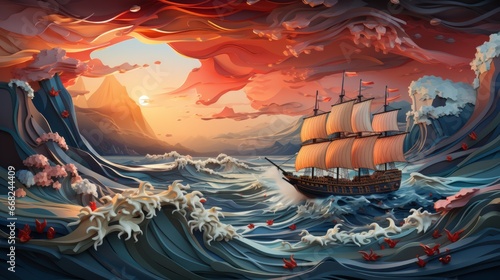 An ethereal painting captures the tumultuous journey of a majestic ship  its intricate details and bold strokes bringing the transport to life on the vast and ever-changing canvas of the ocean