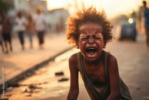 crying boy on the street of a poor city in Latin America. photo