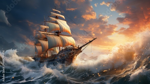 A majestic ship glides through the vast ocean, its billowing sails reaching towards the endless sky, a symbol of freedom and adventure on the open waters
