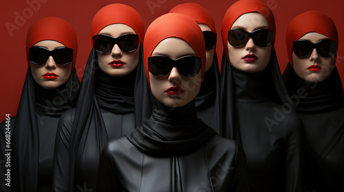 Boldly adorned in sunglasses and headscarves, a fierce group of women exude confidence and style, daring to challenge societal norms and embrace their unique fashion choices photo