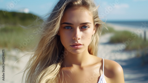 Young blonde woman with blue eyes enjoys a peaceful beach moment of contemplation
