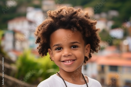 Cheerful African American boy with beautiful curly hair against the background of houses.