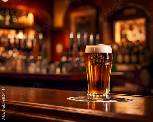 A glass of fresh beer in an irish pub