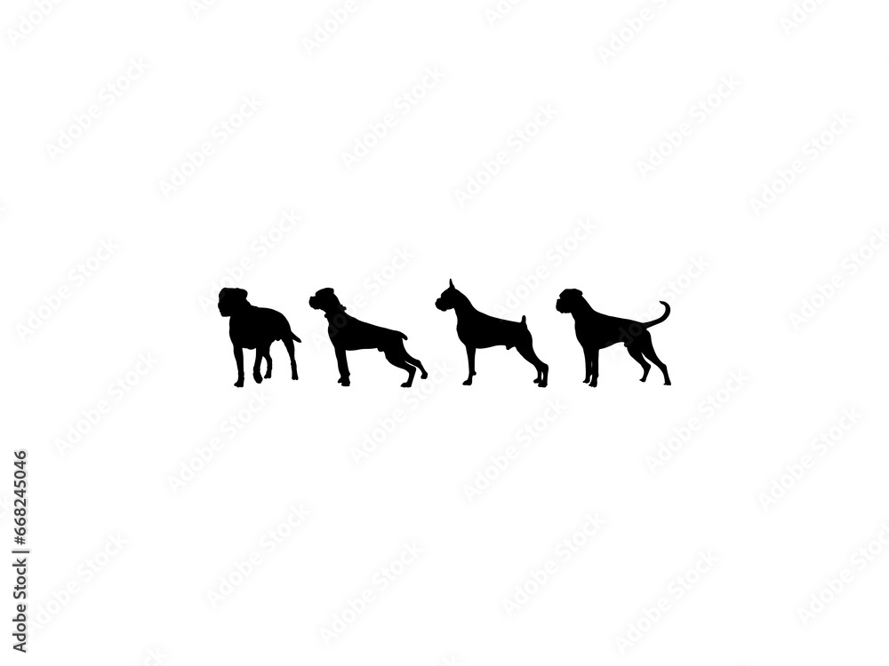 Set of Boxer Dog Silhouette in various poses isolated on white background