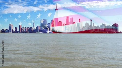 Breathtaking New York skyline video with an American flag overlay, showcasing iconic skyscrapers under a cloud-dappled sky. Glimmering water in the forefront, accentuated by the flag's proud flutter.