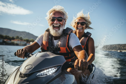 Happy senior couple in safety helmets and vests riding jet ski on a lake or along sea coast. Active elderly people having fun on water scooter. Retired persons lead active lifestyle and travel.