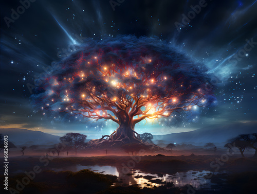 Fantasy landscape with a big tree in the form of a lightning bolt