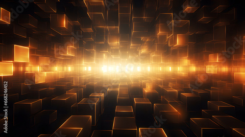 Abstract background of glowing amber cuboids. Neural network generated image. Not based on any actual scene or pattern.