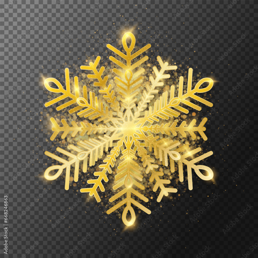 Golden snowflake with highlights and glitter on a transparent dark background for winter design. Frozen silhouette of a snowflake with highlights and sequins, a symbol of Christmas and New Year