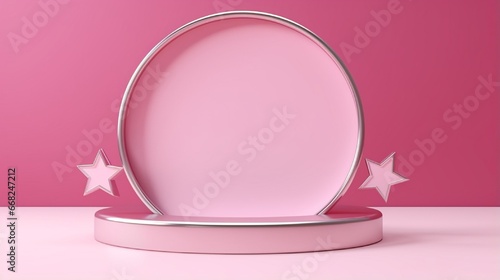 3D model. abstract blank board, empty podium, vacant pedestal, circular frame, copy space, cylinder steps, and stage. Symbol model. Isolated silver stars set against a pink backdrop.