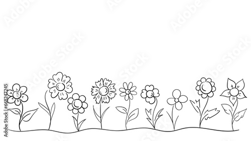 Flowerbed of simple hand-drawn flowers, set of flowers