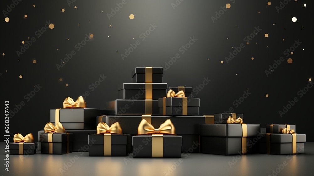 abstract festive background in 3D render. A pile of ebony present boxes adorned with gold ribbon bows. A showcase scene including an empty stage podium for showcasing a product. Thanksgiving Day sale