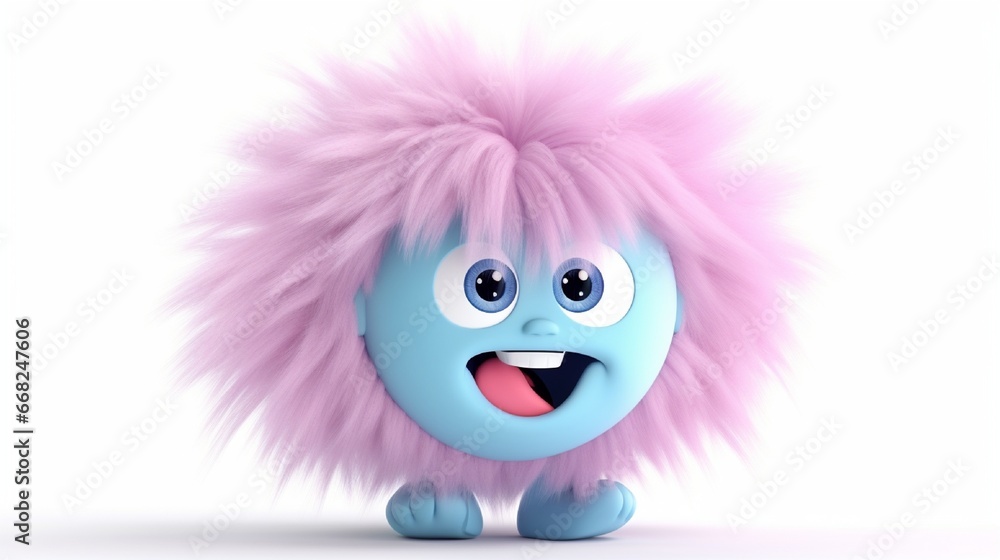 Funny, vibrant cartoon character in 3D render resists the wind while standing in front of the fan. The idea of resistance. Silly clipart of a hairy monster and fluffy toy isolated on a white backdrop