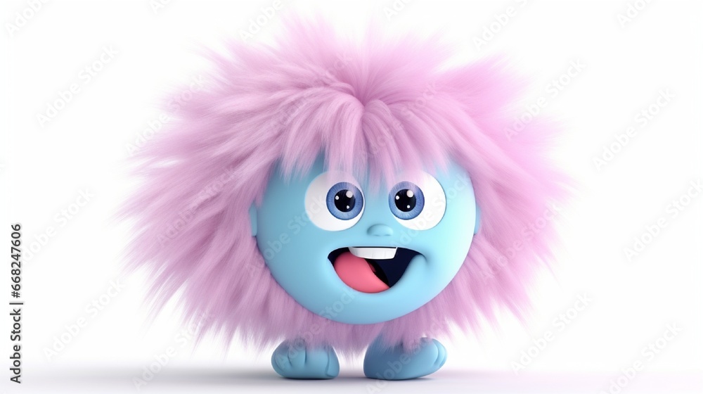 Fototapeta premium Funny, vibrant cartoon character in 3D render resists the wind while standing in front of the fan. The idea of resistance. Silly clipart of a hairy monster and fluffy toy isolated on a white backdrop