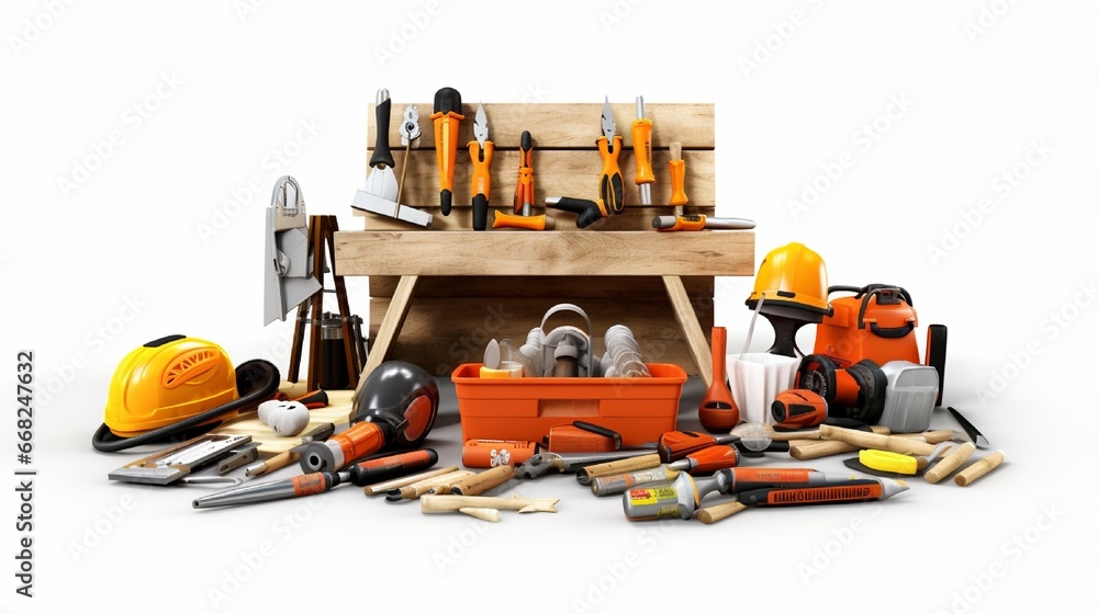 An assortment of building equipment in a 3D render. Clipart of building and remodelling isolated on a white background An assortment of building equipment in a 3D render. Clipart of building and remodelling isolated on a white background