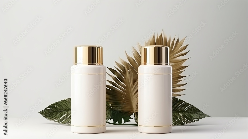 Fototapeta premium 3D model of a set of empty cosmetic bottles with gold caps set against a white background and embellished with flowers and tropical palm fronds. assortment of skin care items. High-end package mock-up