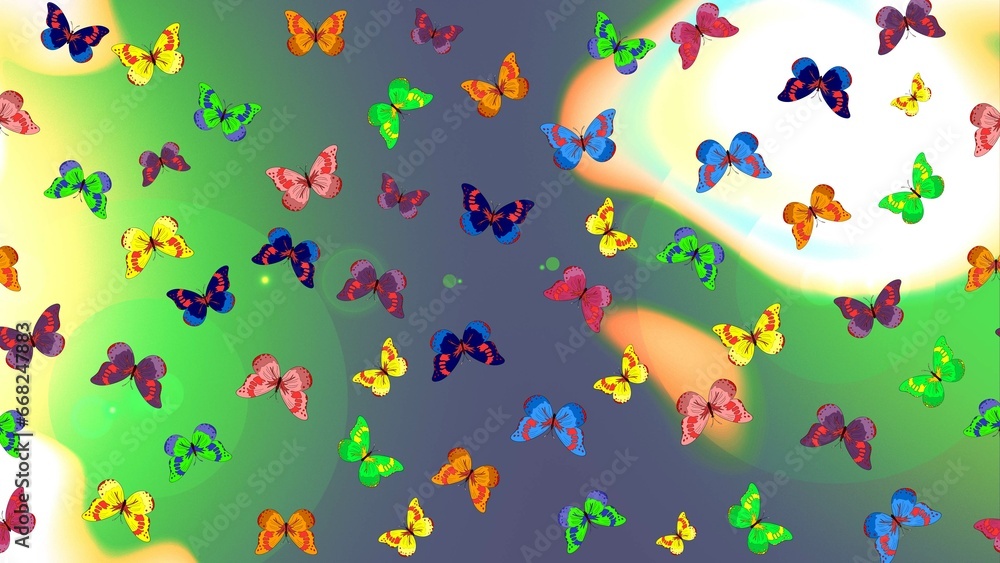 Raster illustration. Perfect for textile, wallpapers, web page backgrounds, surface textures. Sketch background of colorful butterflies on green, blue and neutral colors.