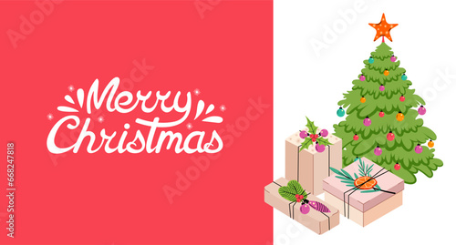 Merry Christmas web banner. Lettering and festive fir trees with isometric gifts. Vector illustration.