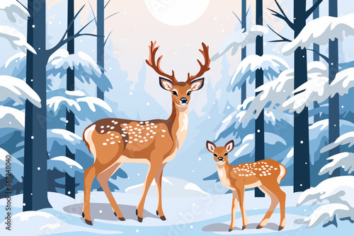 Beautiful deer in the winter forest. A deer with large magnificent antlers and a cute fawn against a background of snow-covered trees. Christmas design. © LoveSan