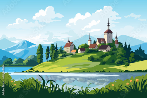 Beautiful landscape of a village on an island against the backdrop of mountains. Ancient buildings on hill surrounded by water, with reflections against the mountains, stunning sky and amazing clouds.