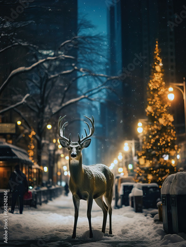 Reindeer walking over snow in the city on Christmas eve. Christmas, new year, winter and holiday greeting card