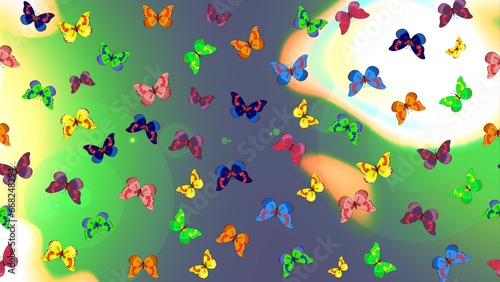 Raster illustration. Perfect for textile, wallpapers, web page backgrounds, surface textures. Sketch background of colorful butterflies on green, blue and neutral colors.