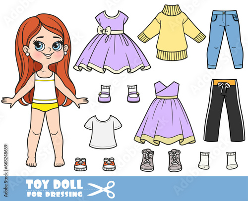 Cartoon brunette longhaired girl  and clothes separately -  dresses, t-shirts,sweater, jeans and sneakers doll for dressing